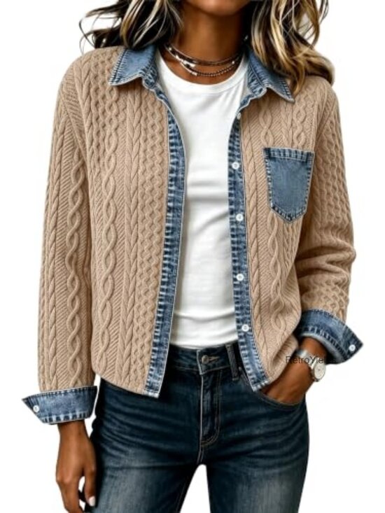 Jackets & Blazers - Cropped Denim Patchwork Collared Bomber Jacket Button Up Long Sleeve Shacket